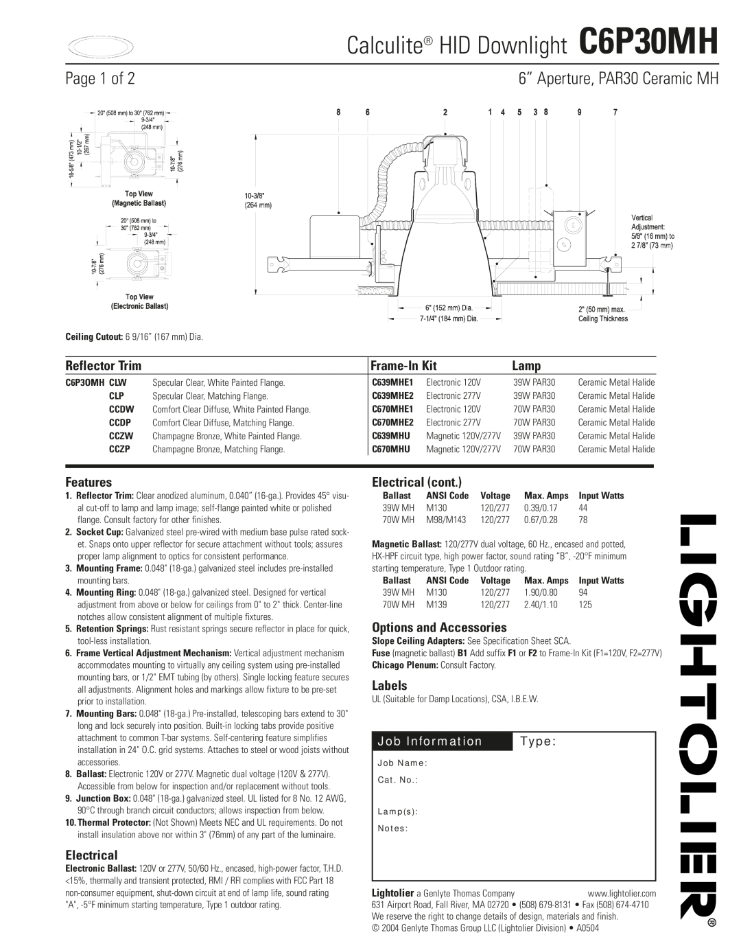 Lightolier specifications Calculite HID Downlight C6P30MH, Page 1 of, 6” Aperture, PAR30 Ceramic MH, Reflector Trim 