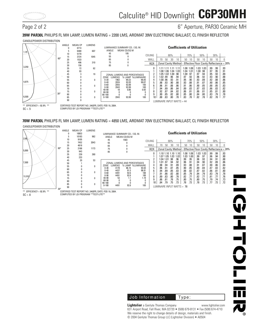Lightolier Page 2 of, Calculite HID Downlight C6P30MH, 6” Aperture, PAR30 Ceramic MH, Job Information, Type 