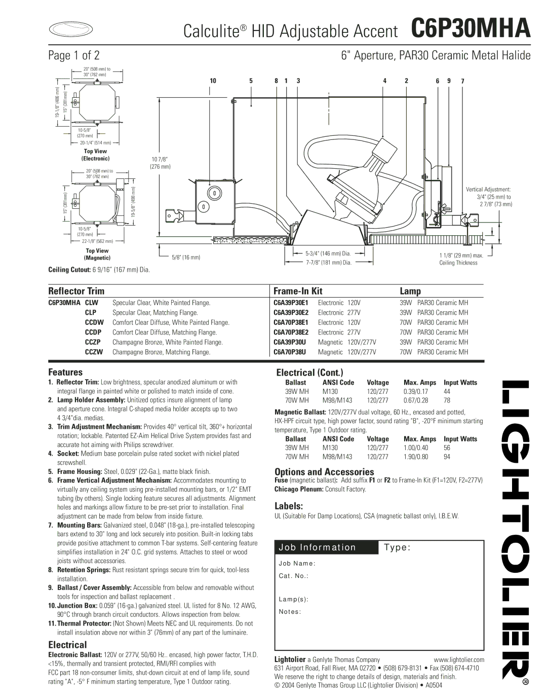 Lightolier C6P30MHA manual Reflector Trim, Features, Electrical, Frame-In Kit Lamp, Options and Accessories, Labels 