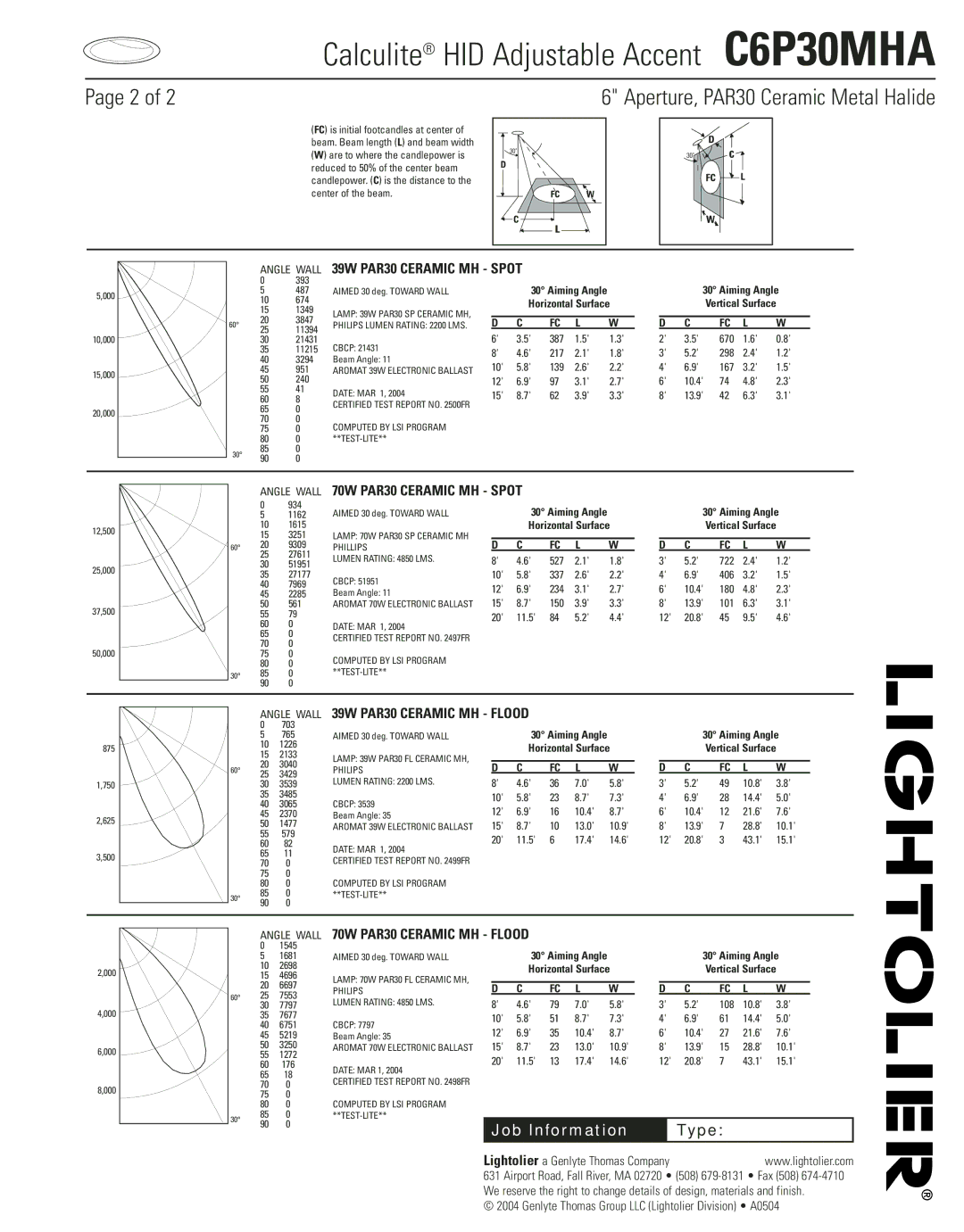 Lightolier C6P30MHA manual Angle Wall 39W PAR30 Ceramic MH Spot, Angle Wall 70W PAR30 Ceramic MH Spot 