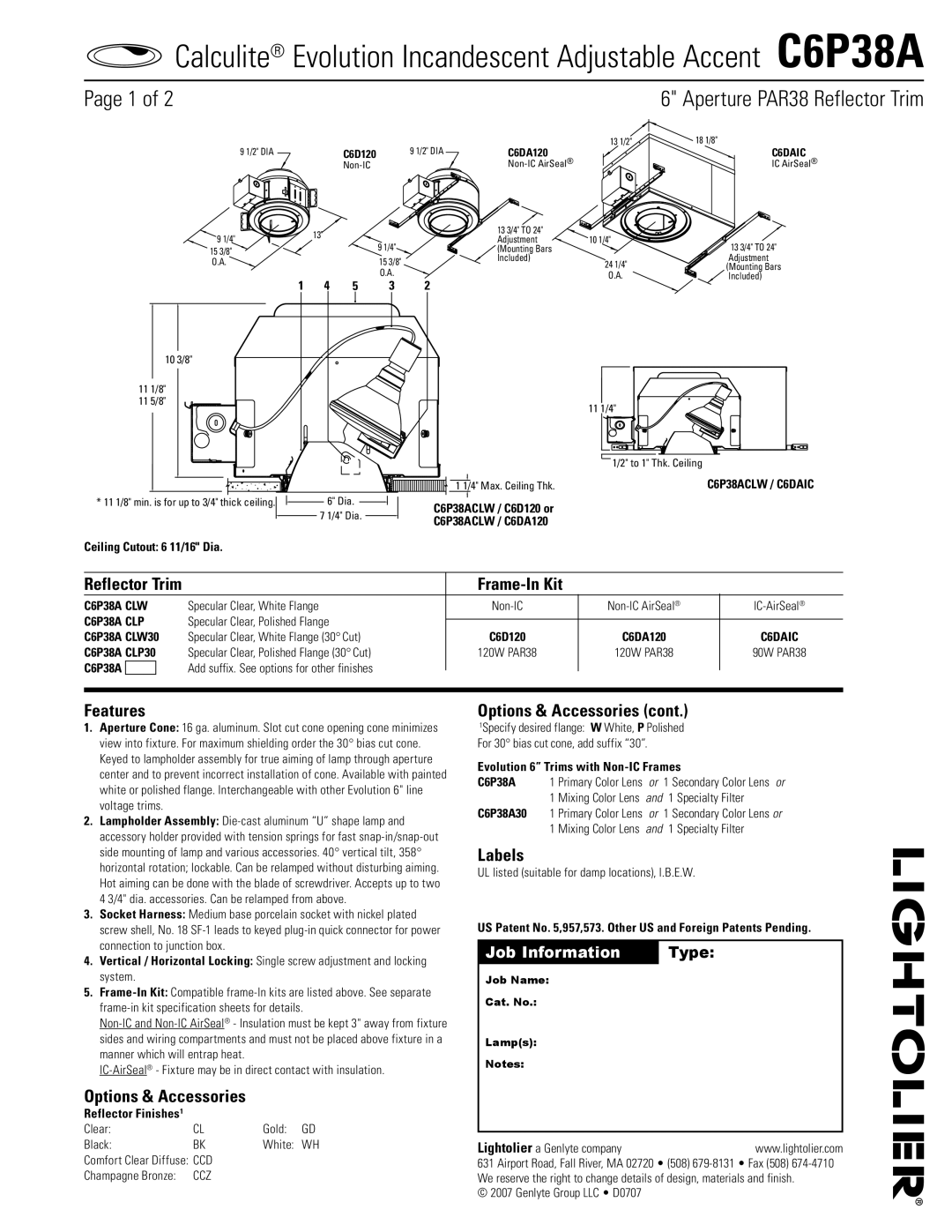 Lightolier C6P38A specifications Frame-In Kit, Features, Options & Accessories, Labels 