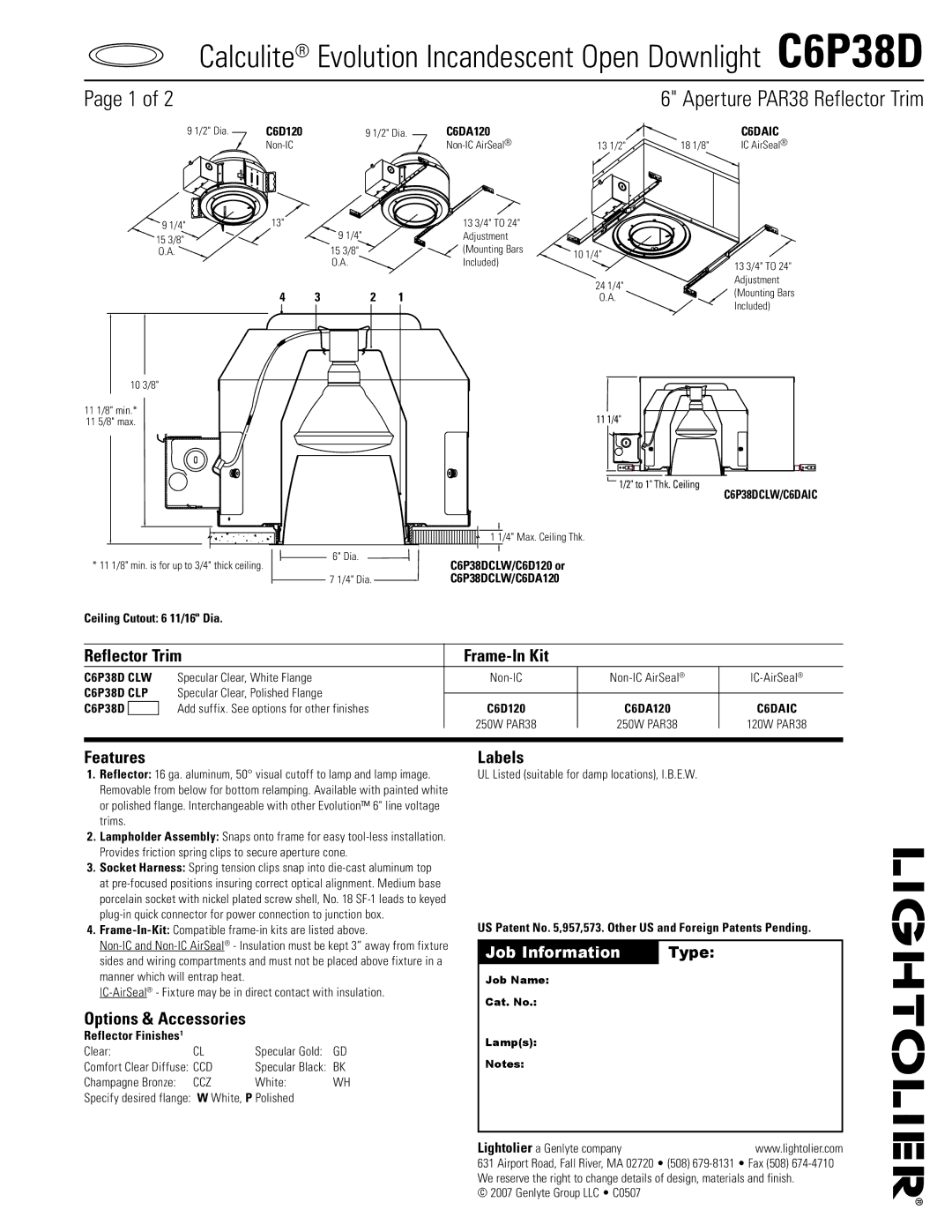 Lightolier C6P38D manual Reflector Trim Frame-In Kit, Features, Options & Accessories, Labels 