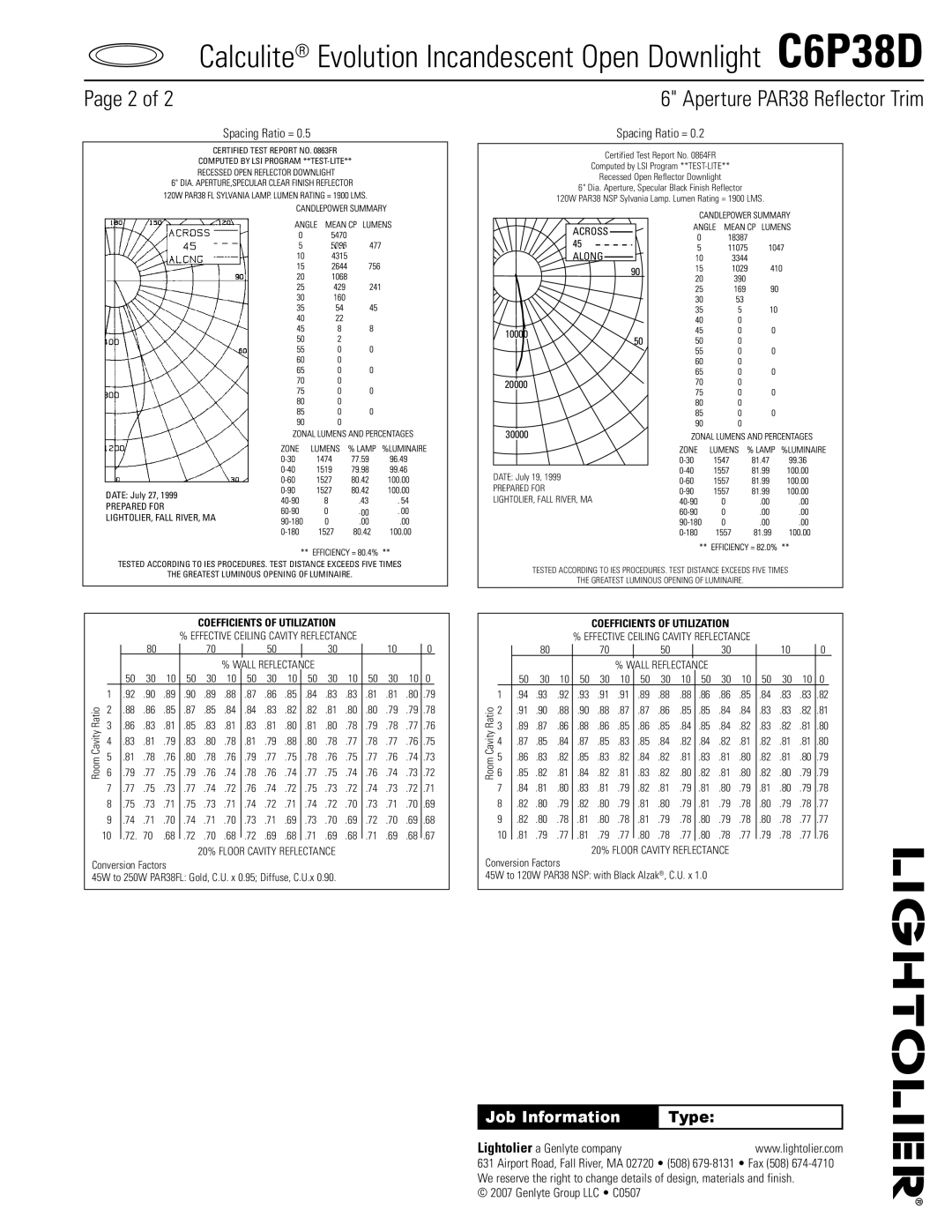 Lightolier C6P38D manual Spacing Ratio =, Lightolier a Genlyte company, Prepared for, LIGHTOLIER, Fall RIVER, MA 