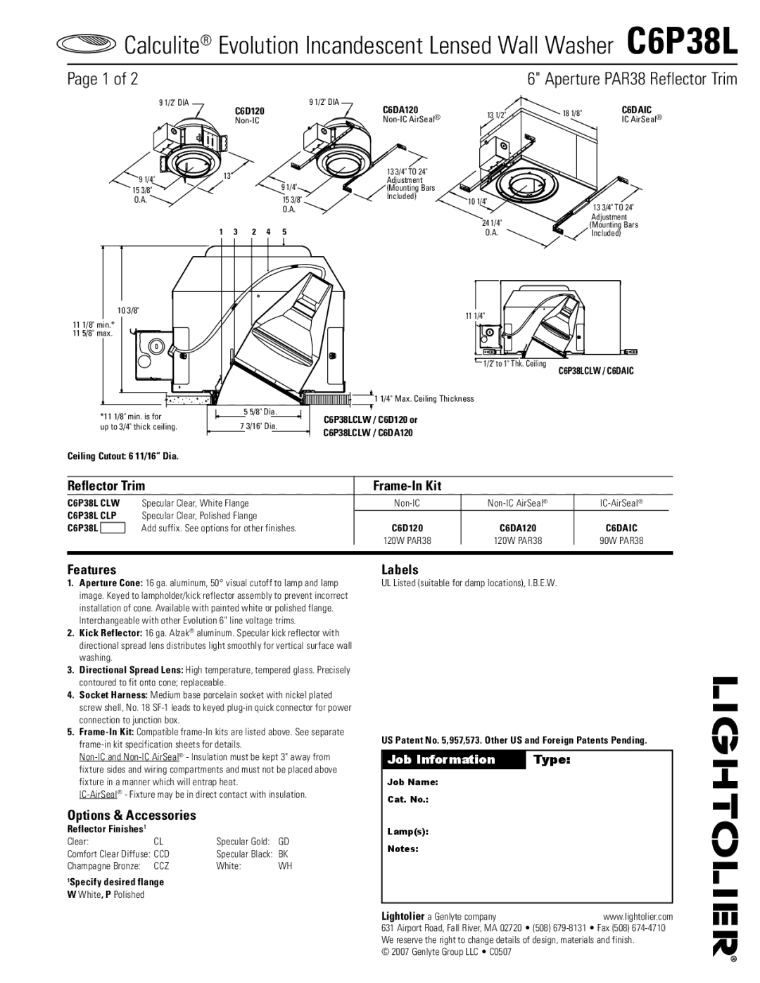 Lightolier C6P38L specifications Reflector Trim Frame-In Kit, Features, Options & Accessories, Labels 