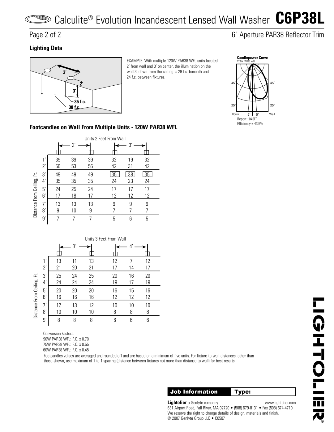 Lightolier C6P38L specifications Lighting Data, Footcandles on Wall From Multiple Units 120W PAR38 WFL 