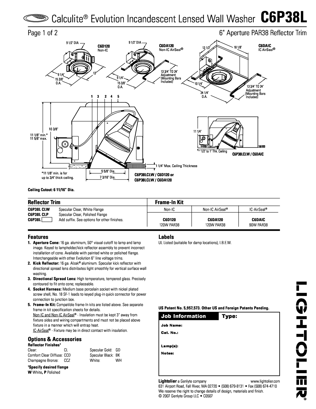 Lightolier C6P38L specifications Page of, Reflector Trim, Frame-InKit, Features, Options & Accessories, Labels, Type 