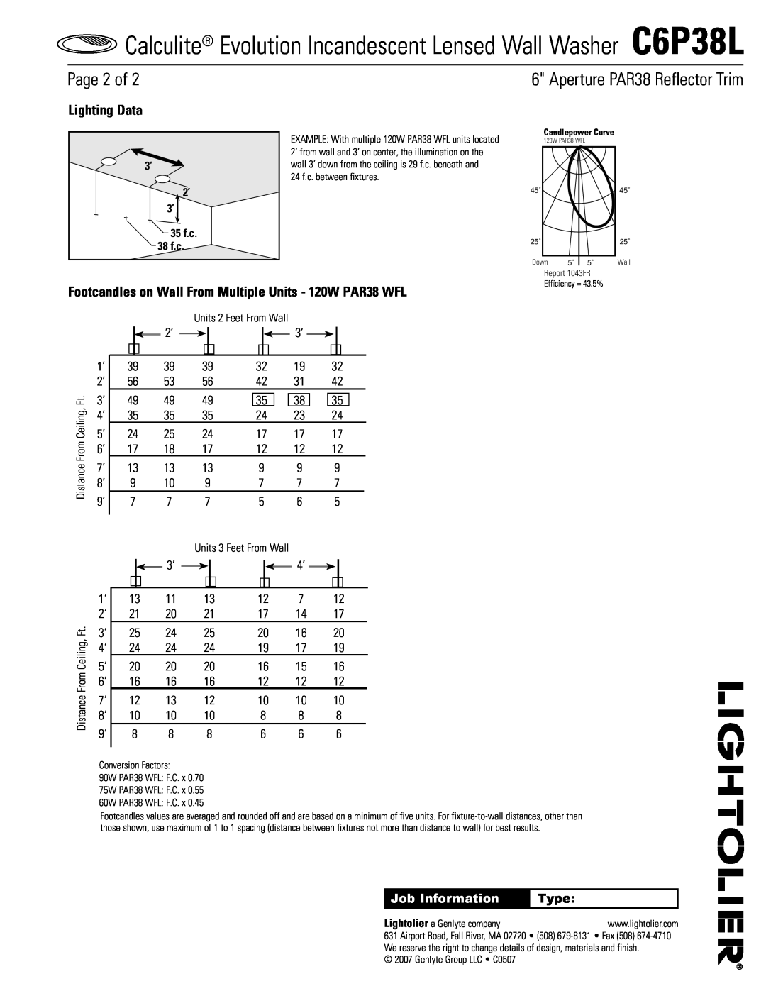 Lightolier C6P38L specifications Lighting Data, Page of, Aperture PAR38 Reflector Trim, Job Information, Type 