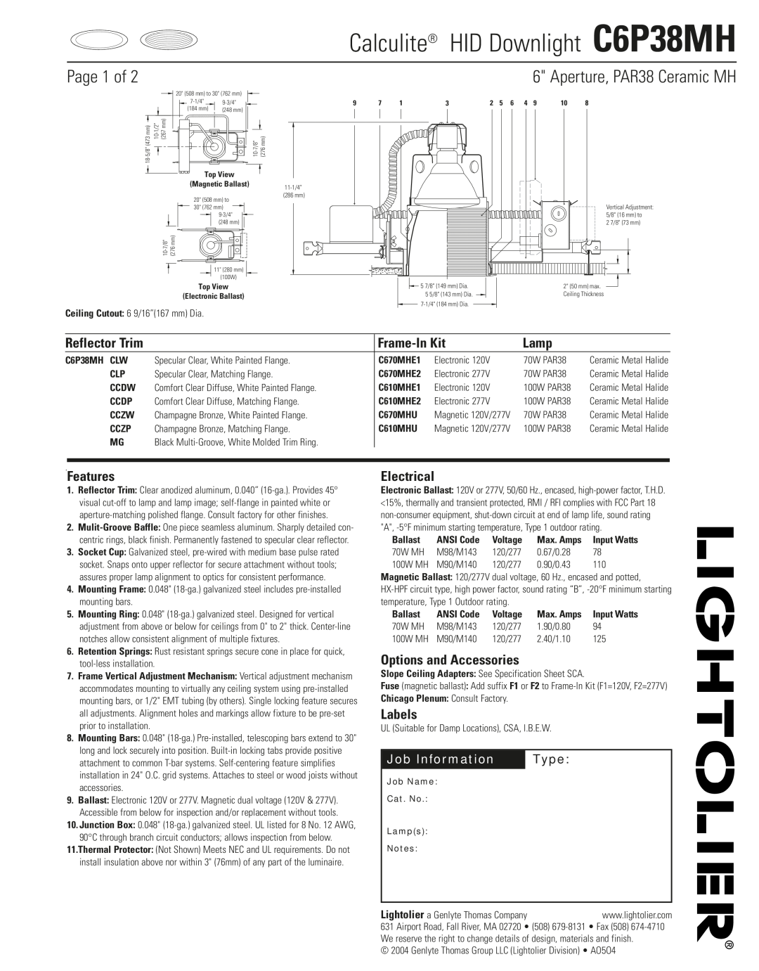 Lightolier specifications Calculite HID Downlight C6P38MH, Page 1 of, Aperture, PAR38 Ceramic MH, Reflector Trim, Type 