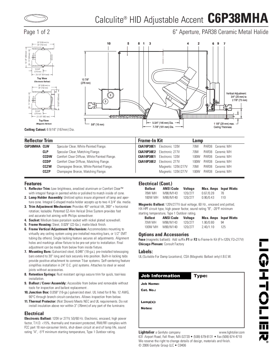 Lightolier C6P38MHA manual Frame-In Kit, Features, Electrical, Options and Accessories, Labels 