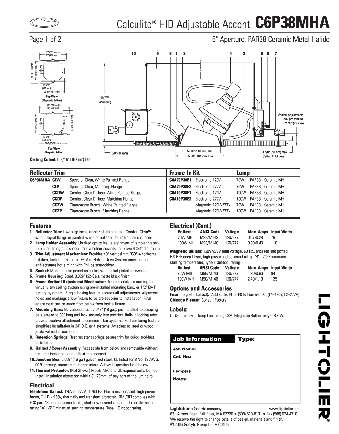 Lightolier C6P38MHA manual Page 1 of, Aperture, PAR38 Ceramic Metal Halide, Job Information, Type, Frame-InKit, Features 