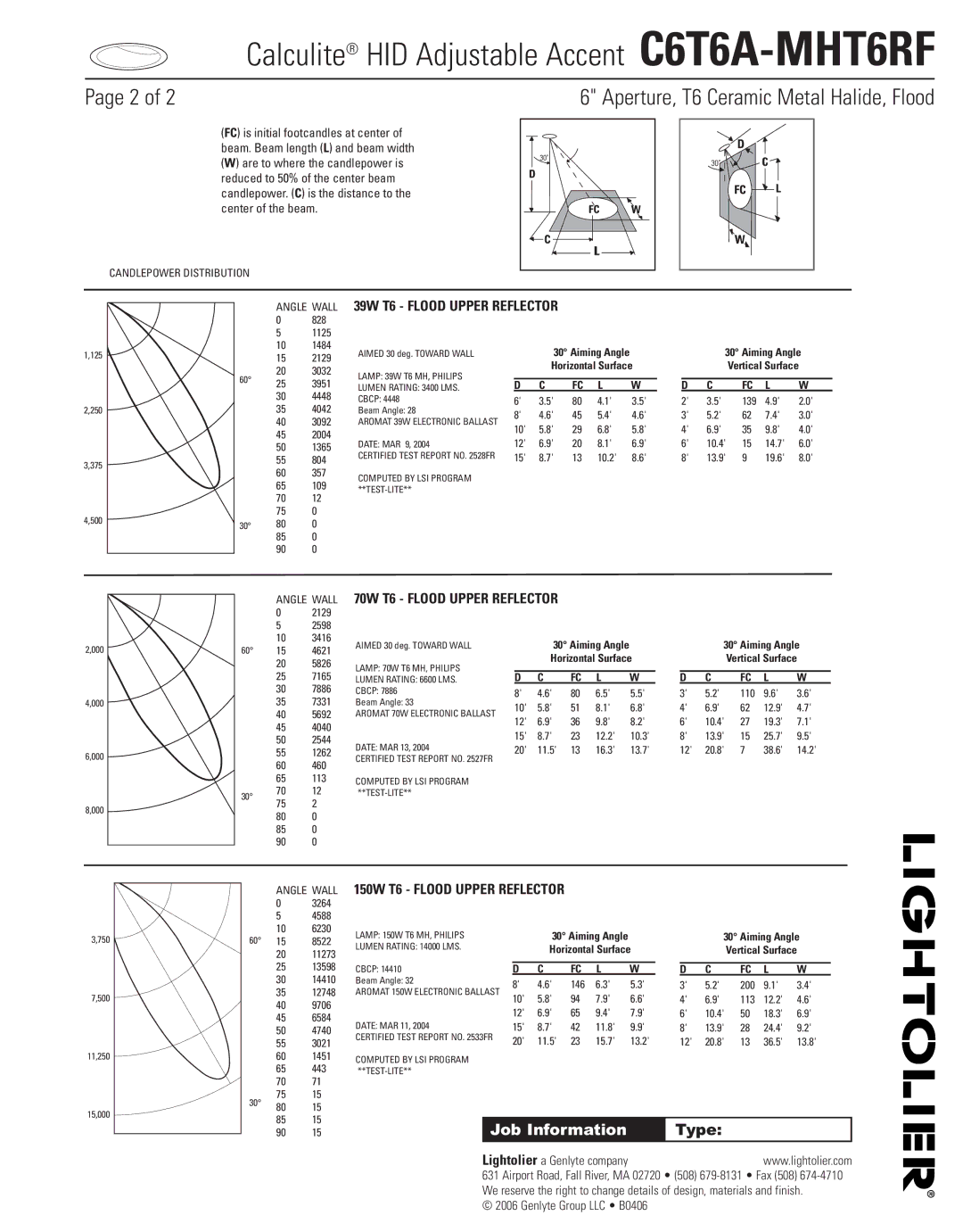 Lightolier C6T6A-MHT6RF manual Angle Wall 39W T6 Flood Upper Reflector, Angle Wall 70W T6 Flood Upper Reflector 