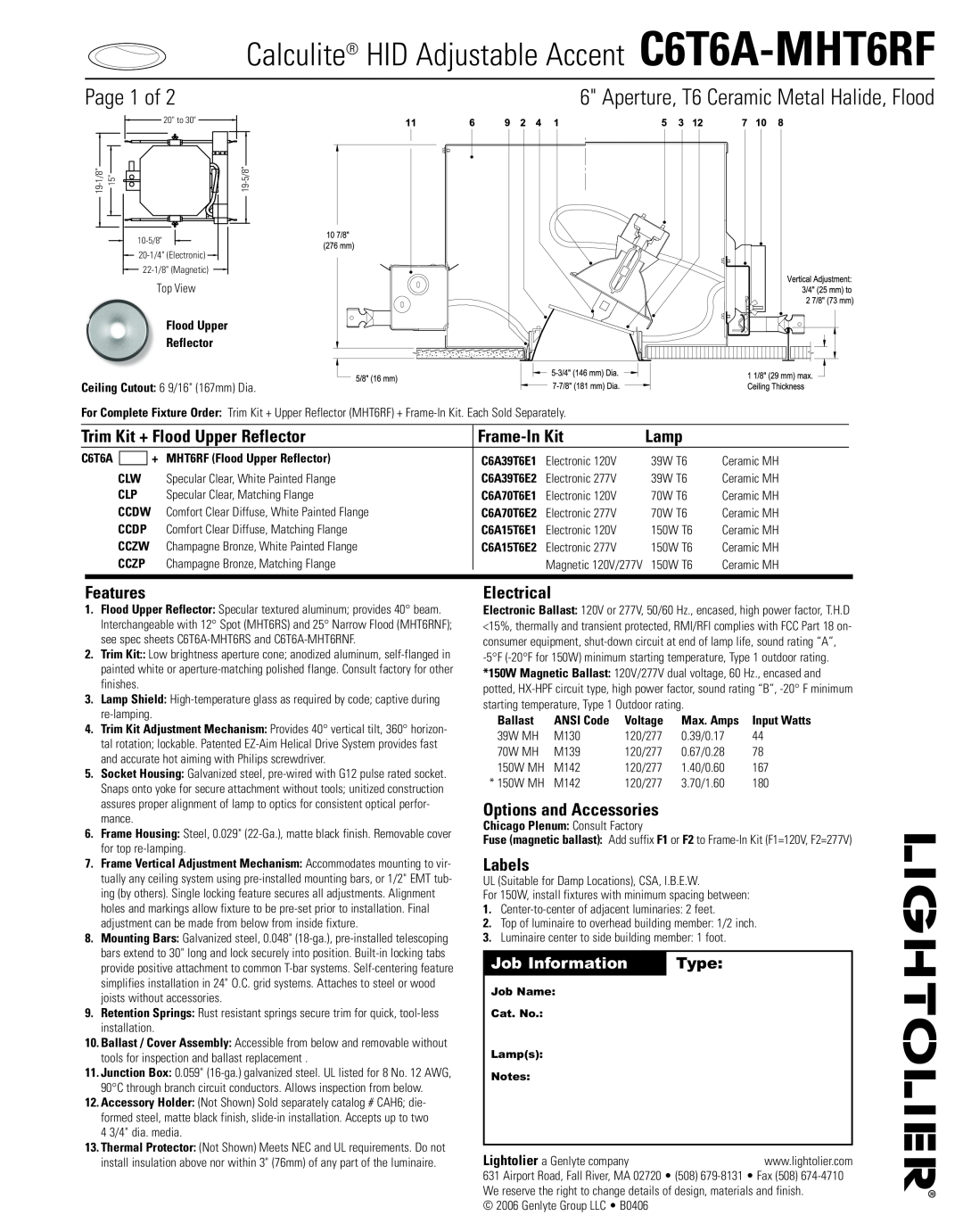 Lightolier C6T6A-MHT6RF manual Page 1 of, Aperture, T6 Ceramic Metal Halide, Flood, Job Information, Type, Frame-InKit 