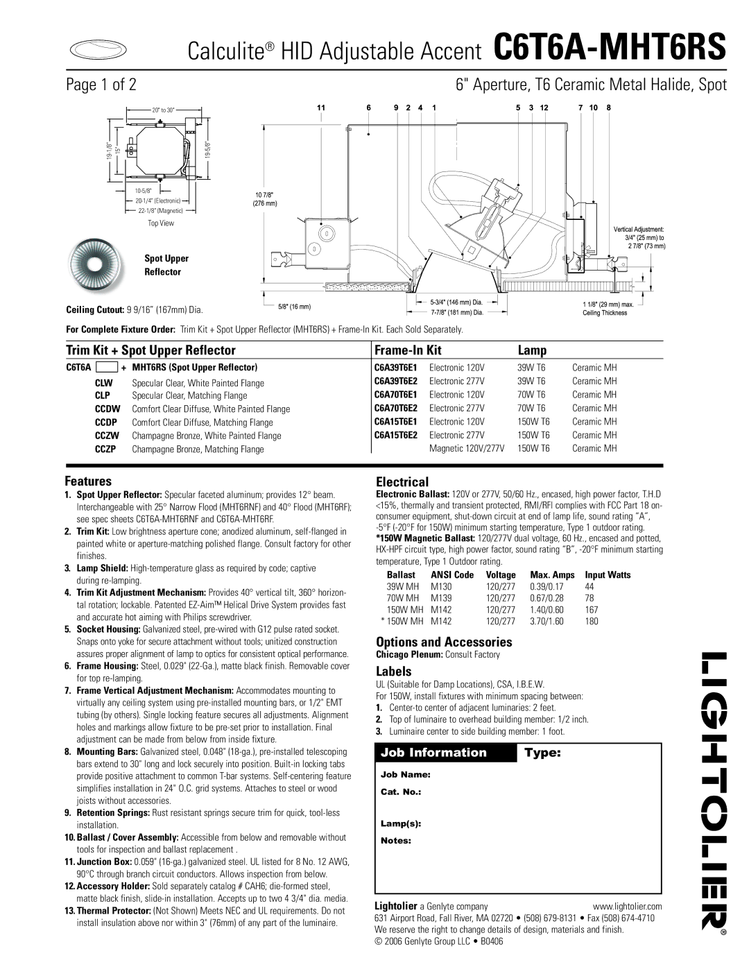 Lightolier C6T6A-MHT6RS manual Trim Kit + Spot Upper Reflector Frame-In Kit Lamp, Features, Electrical, Labels 