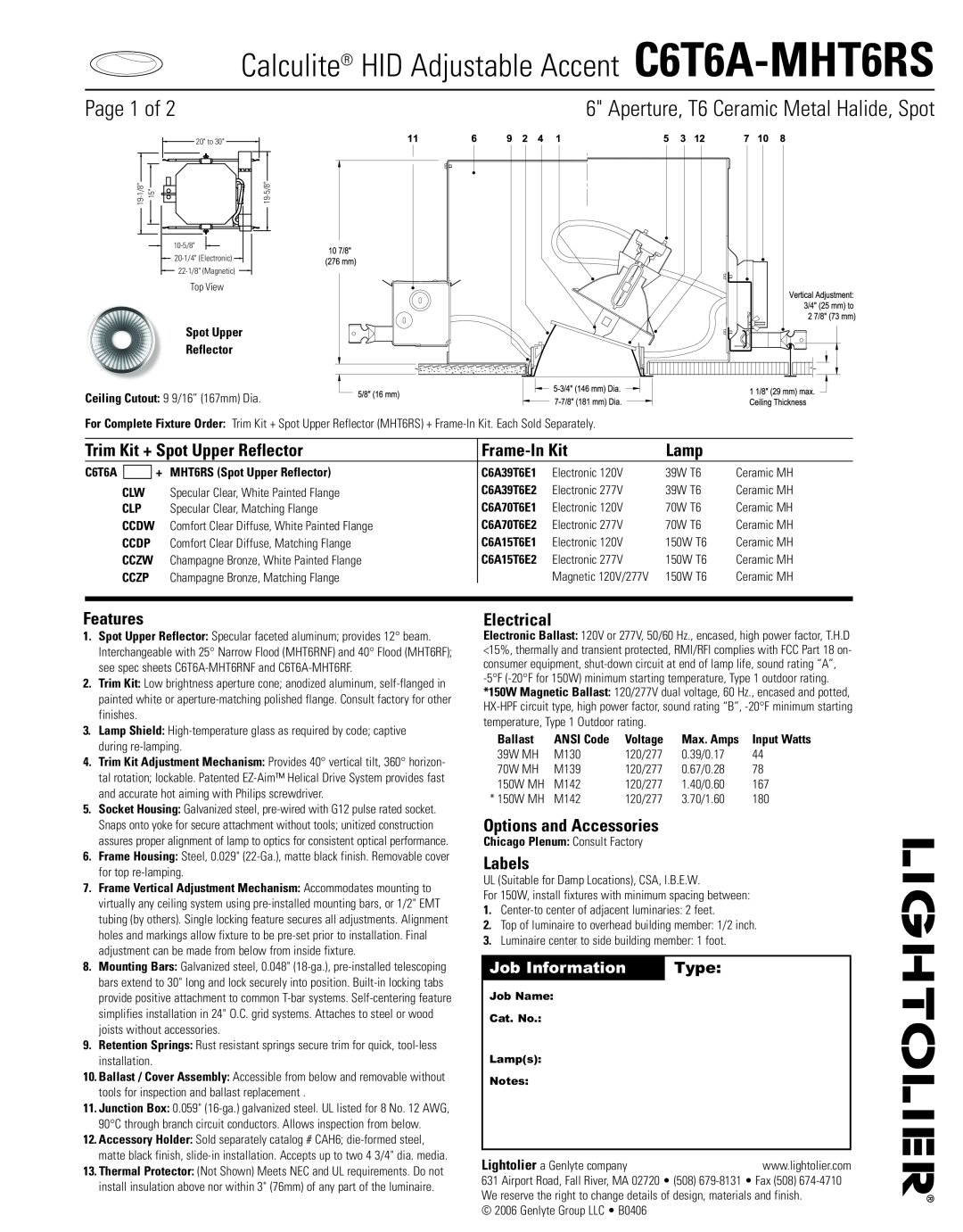 Lightolier C6T6A-MHT6RS manual Page 1 of, Aperture, T6 Ceramic Metal Halide, Spot, Job Information, Type, Frame-In Kit 
