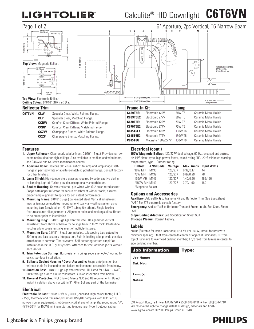 Lightolier C6T6VN specifications Frame-In Kit Lamp, Features, Electrical, Options and Accessories, Labels 