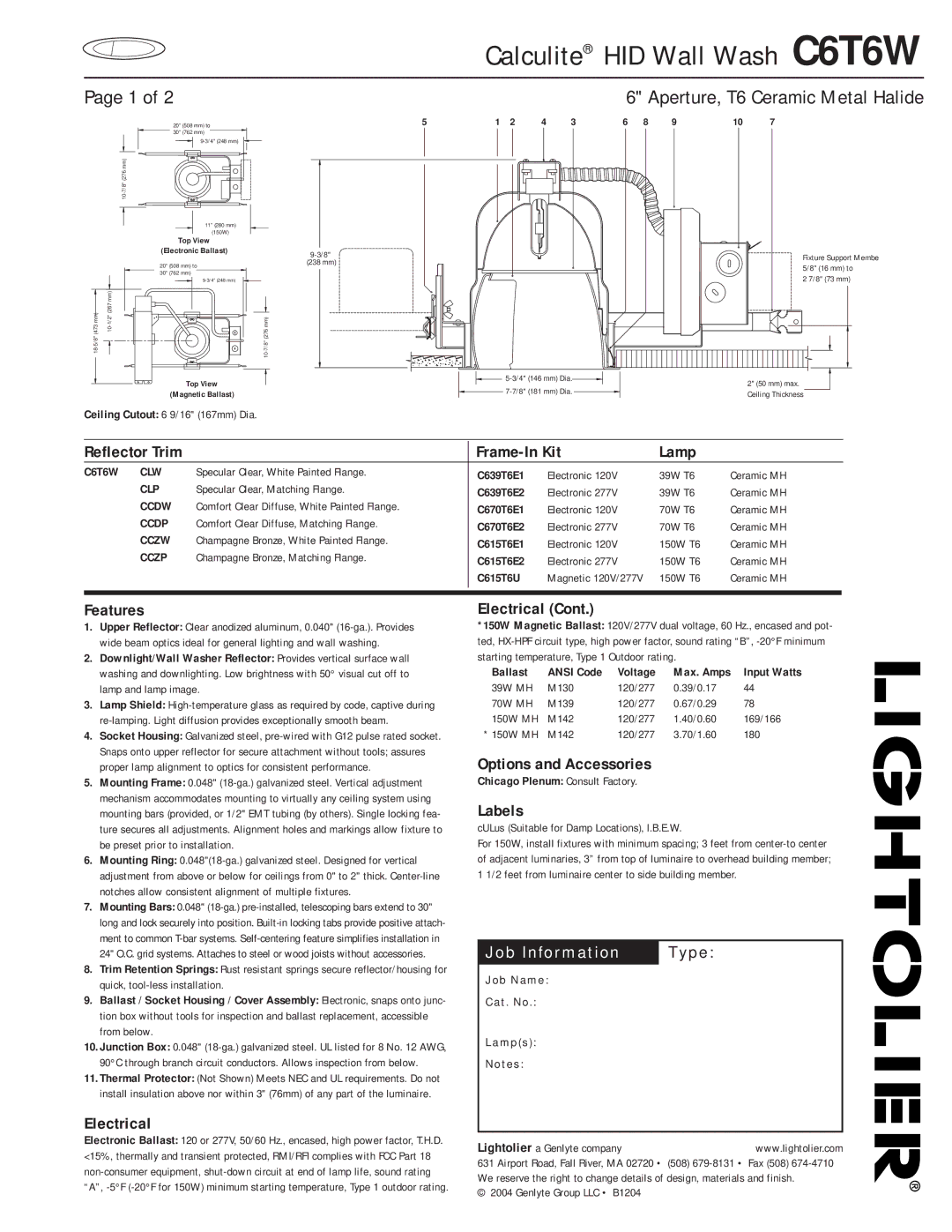 Lightolier C6T6W manual Frame-In Kit Lamp, Features, Electrical, Options and Accessories, Labels 