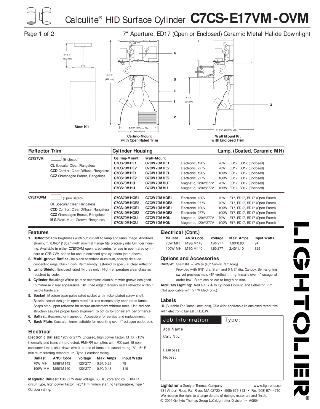 Lightolier C7CS-E17VM-OVM manual Reflector Trim Cylinder Housing, Features, Electrical, Options and Accessories, Labels 