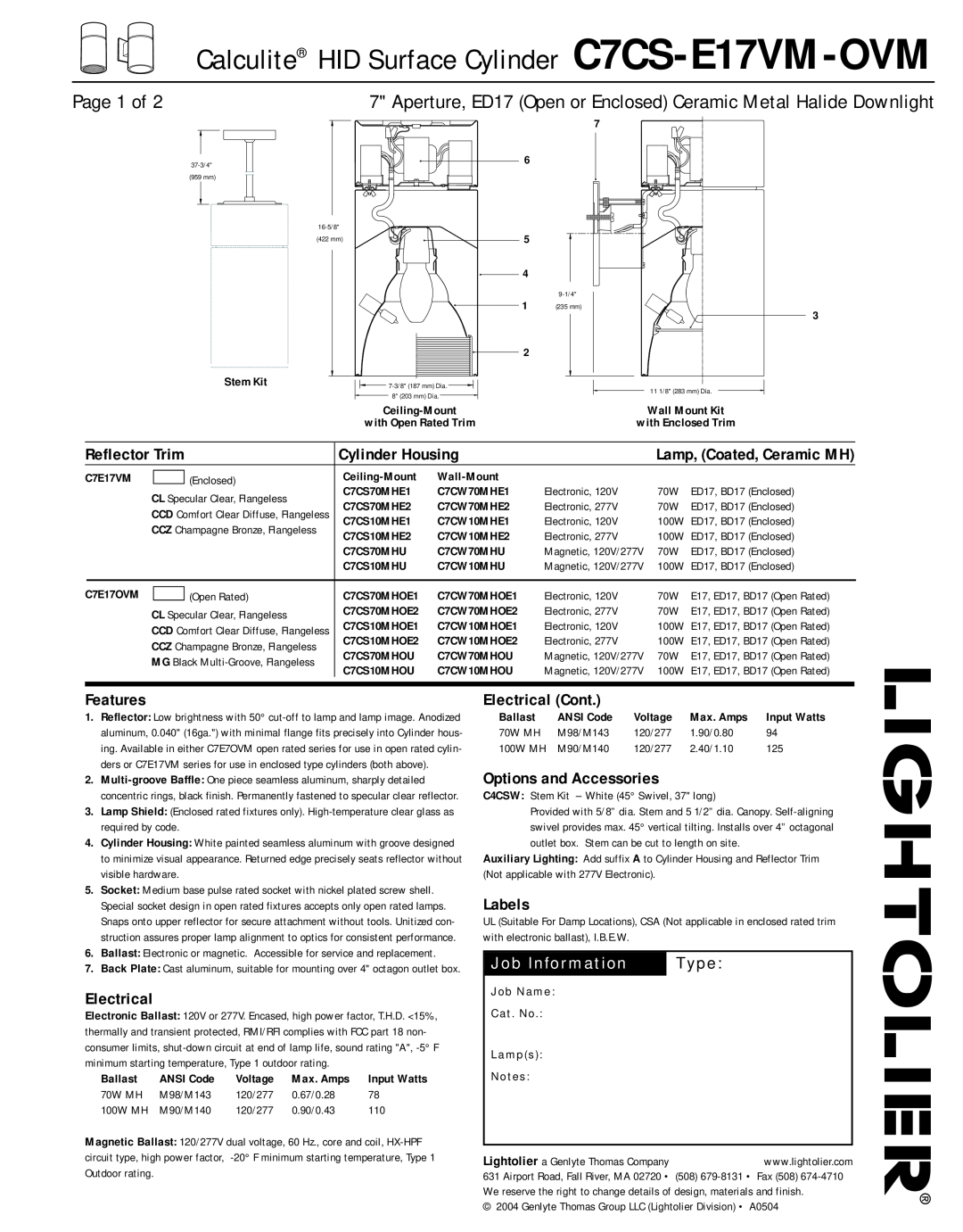 Lightolier manual Calculite HID Surface Cylinder C7CS-E17VM-OVM, Page 1 of, Job Information, Type, Reflector Trim 