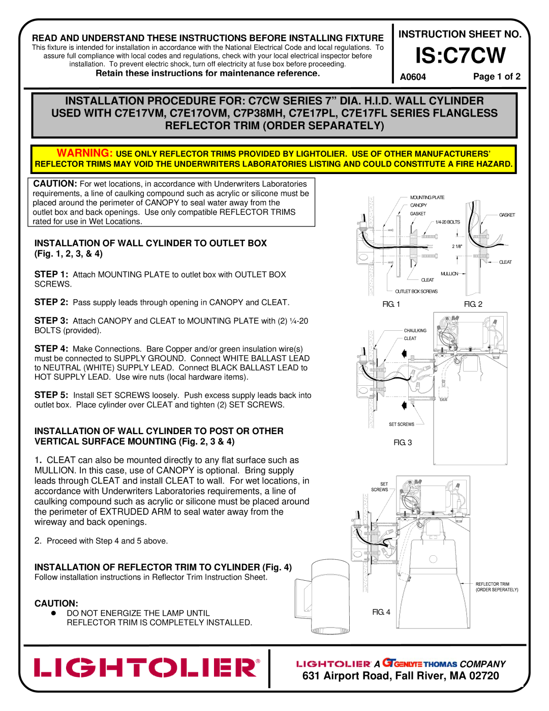 Lightolier instruction sheet ISC7CW, Airport Road, Fall River, MA 