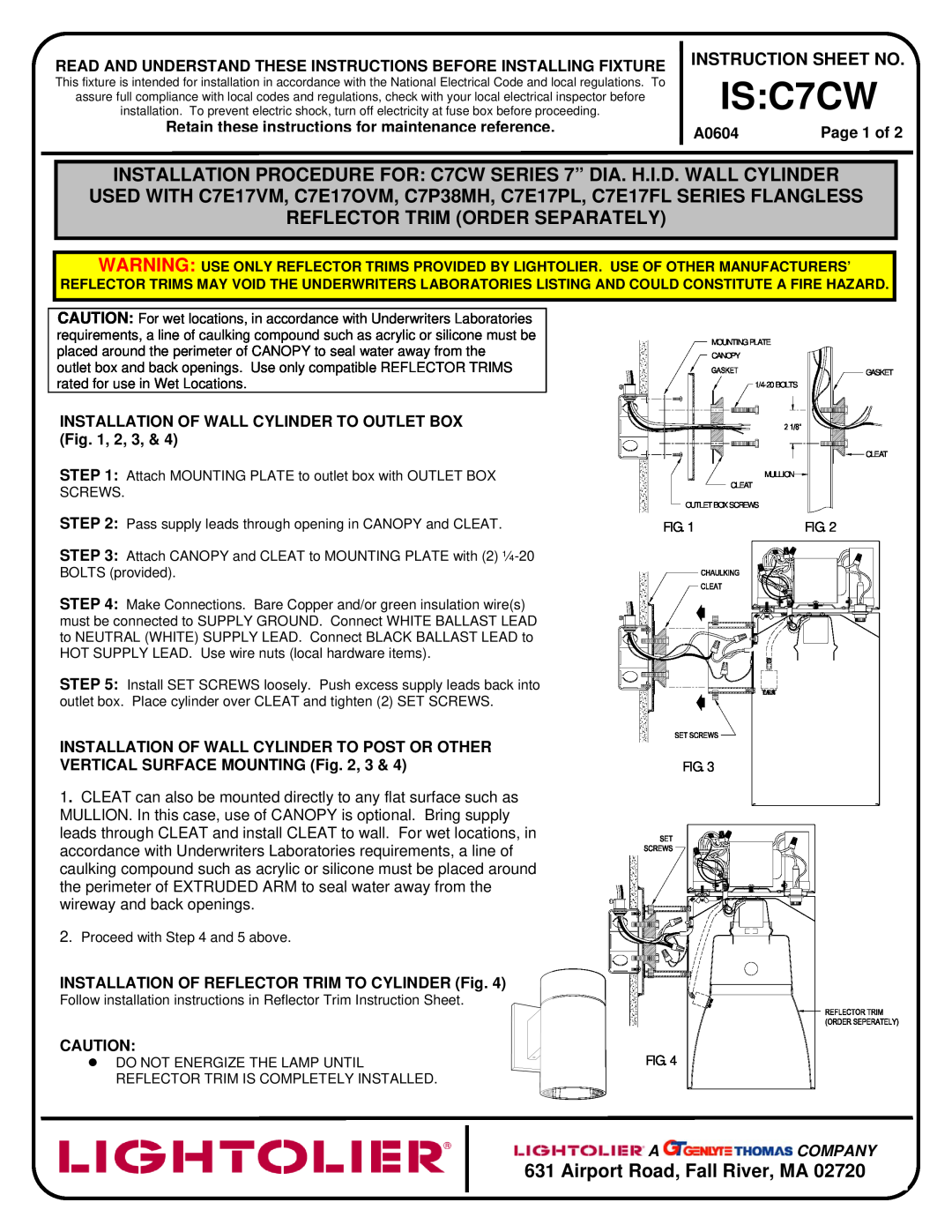Lightolier instruction sheet IS C7CW, Reflector Trim Order Separately, Airport Road, Fall River, MA, A Company 