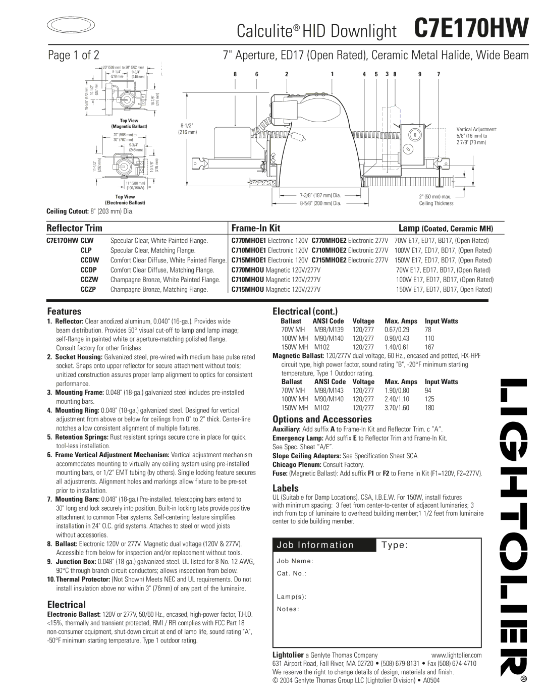 Lightolier C7E170HW specifications Frame-In Kit, Features, Electrical, Options and Accessories, Labels 