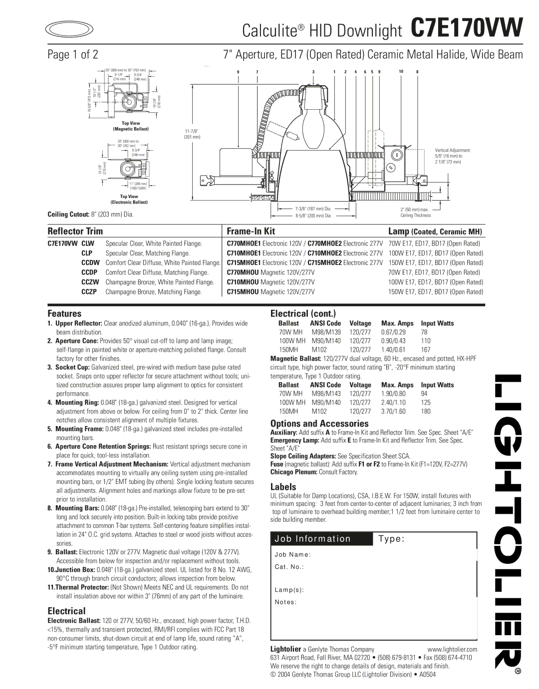 Lightolier C7E170VW specifications Frame-In Kit, Features, Electrical, Options and Accessories, Labels 