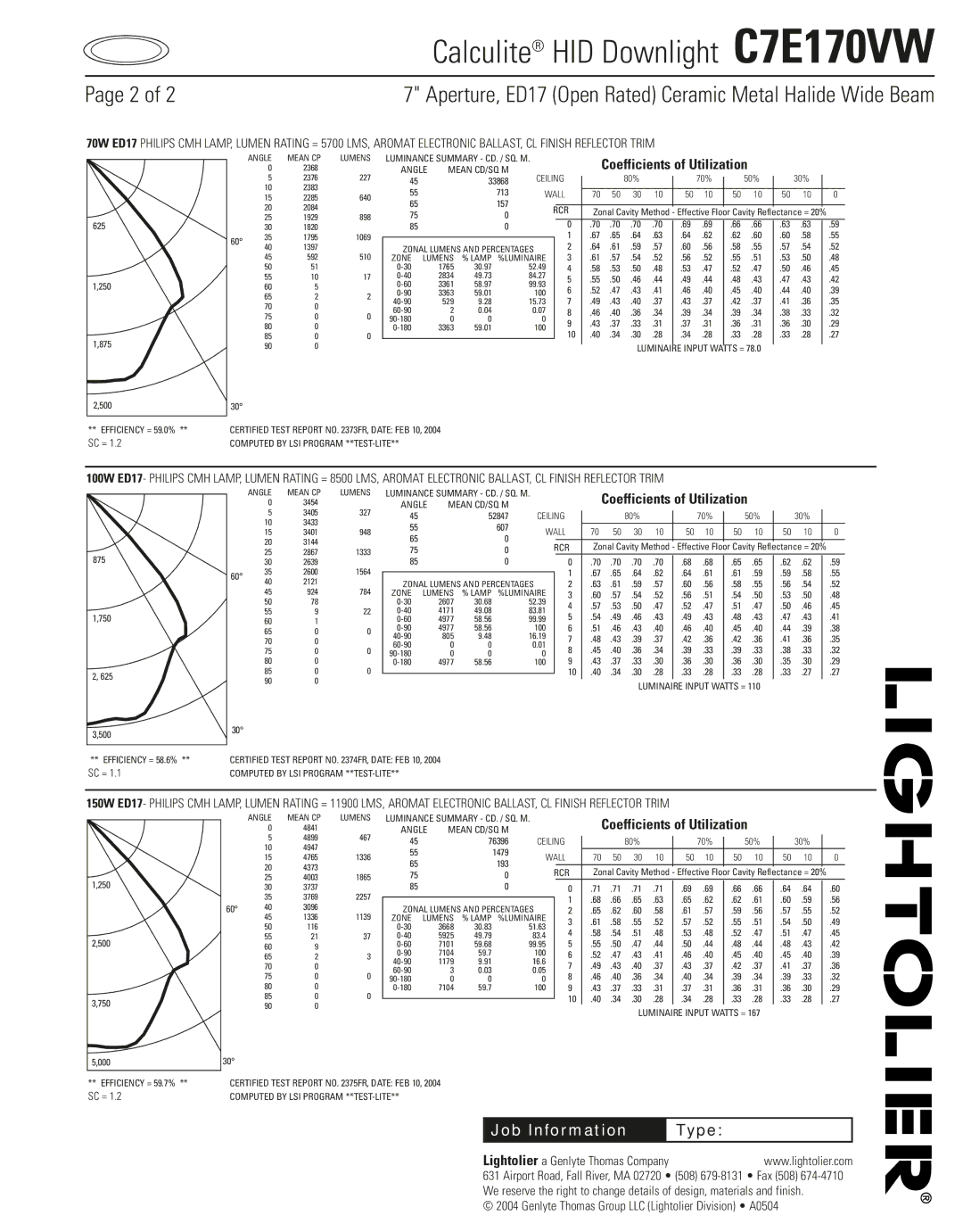 Lightolier specifications Calculite HID Downlight C7E170VW 