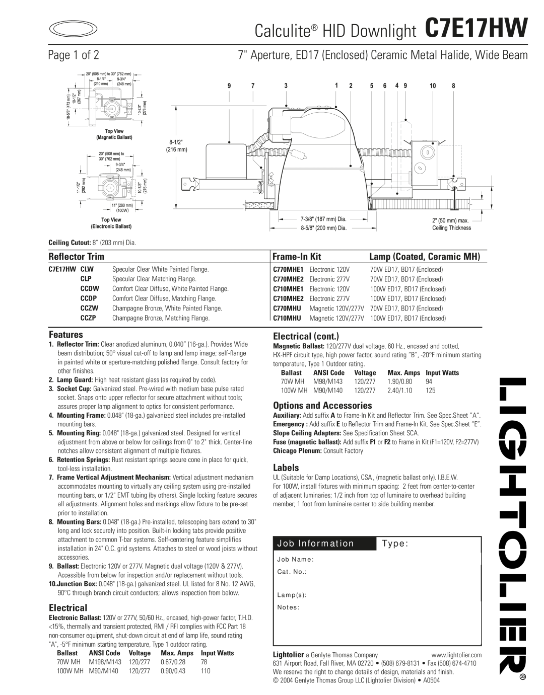 Lightolier specifications Calculite HID Downlight C7E17HW, Page 1 of, Job Information, Type, Lamp Coated, Ceramic MH 