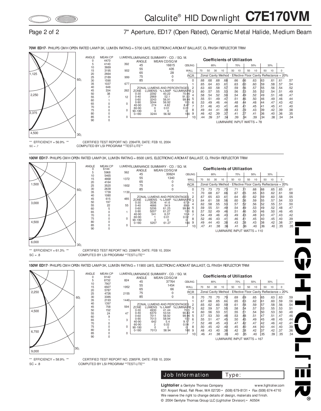 Lightolier C7E17OVM specifications Calculite HID Downlight C7E170VM 