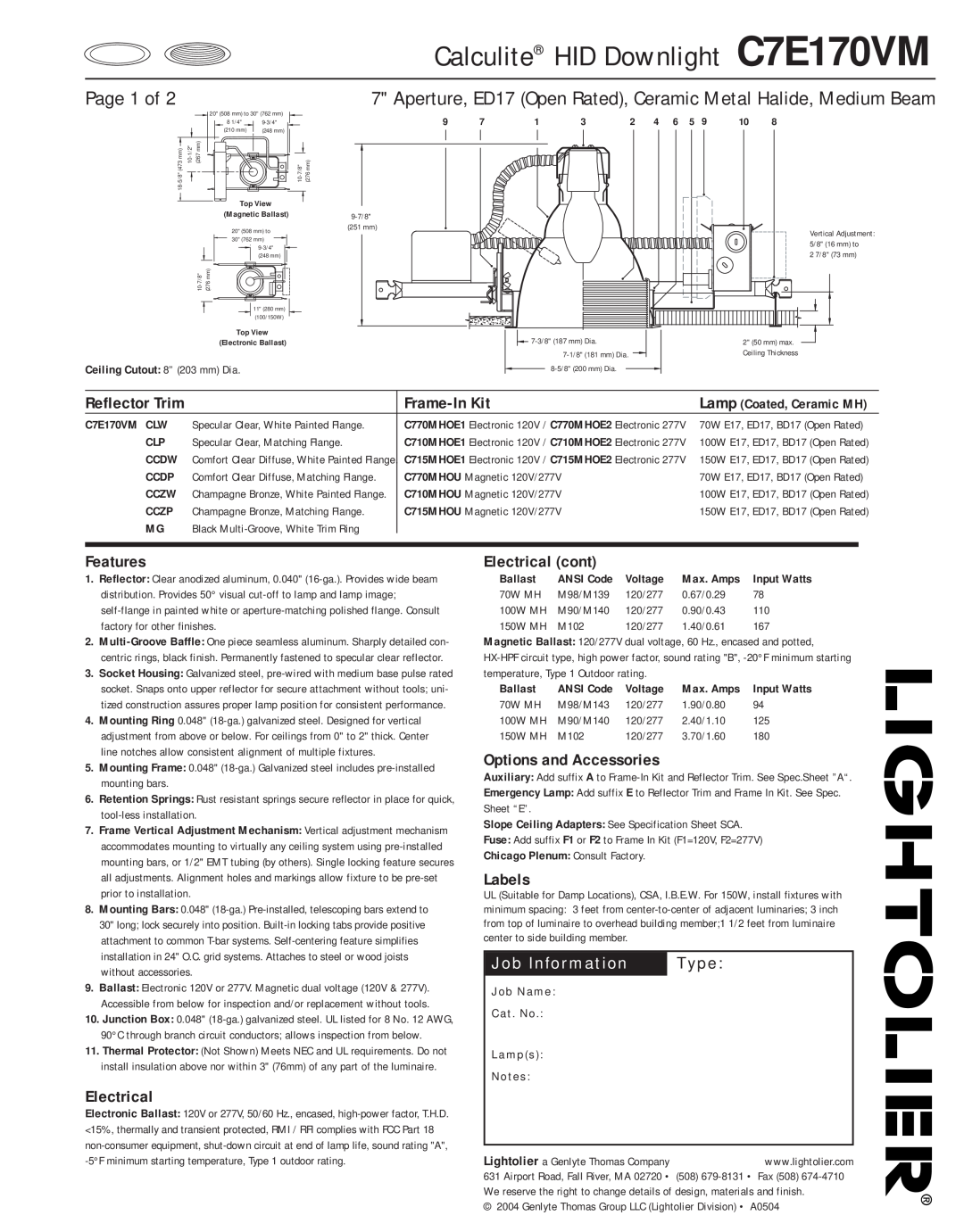 Lightolier C7E17OVM specifications Page 1 of, Reflector Trim, Job Information, Type, Calculite HID Downlight C7E170VM 