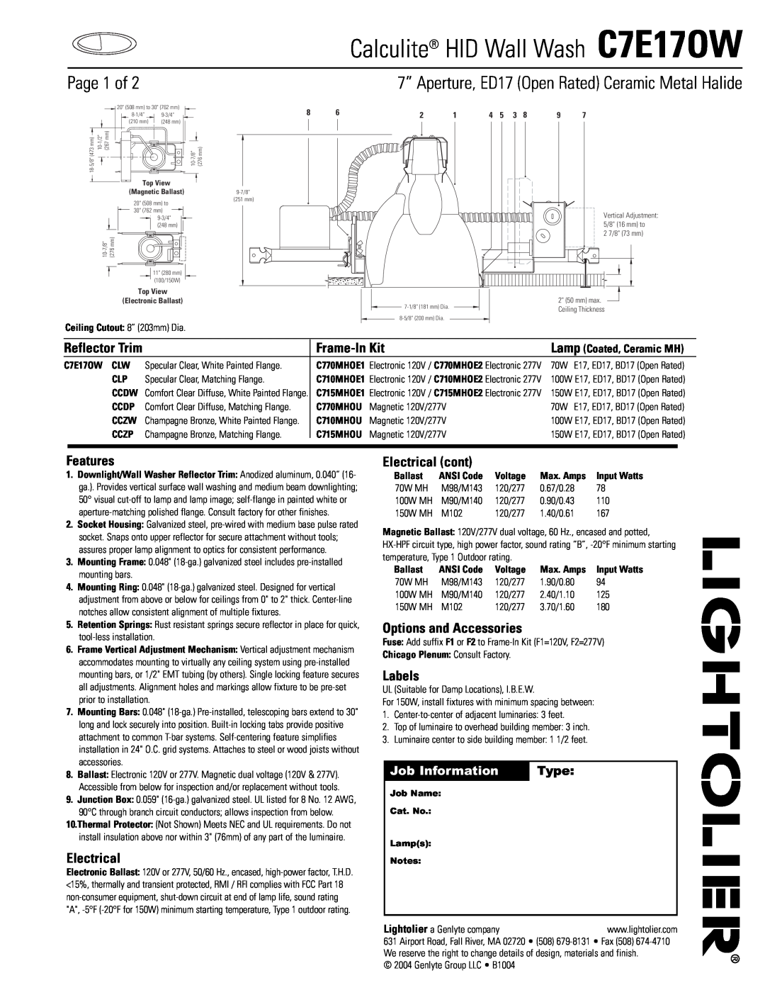 Lightolier manual Job Information, Type, Calculite HID Wall Wash C7E17OW, Page 1 of, Frame-InKit, Features, Electrical 