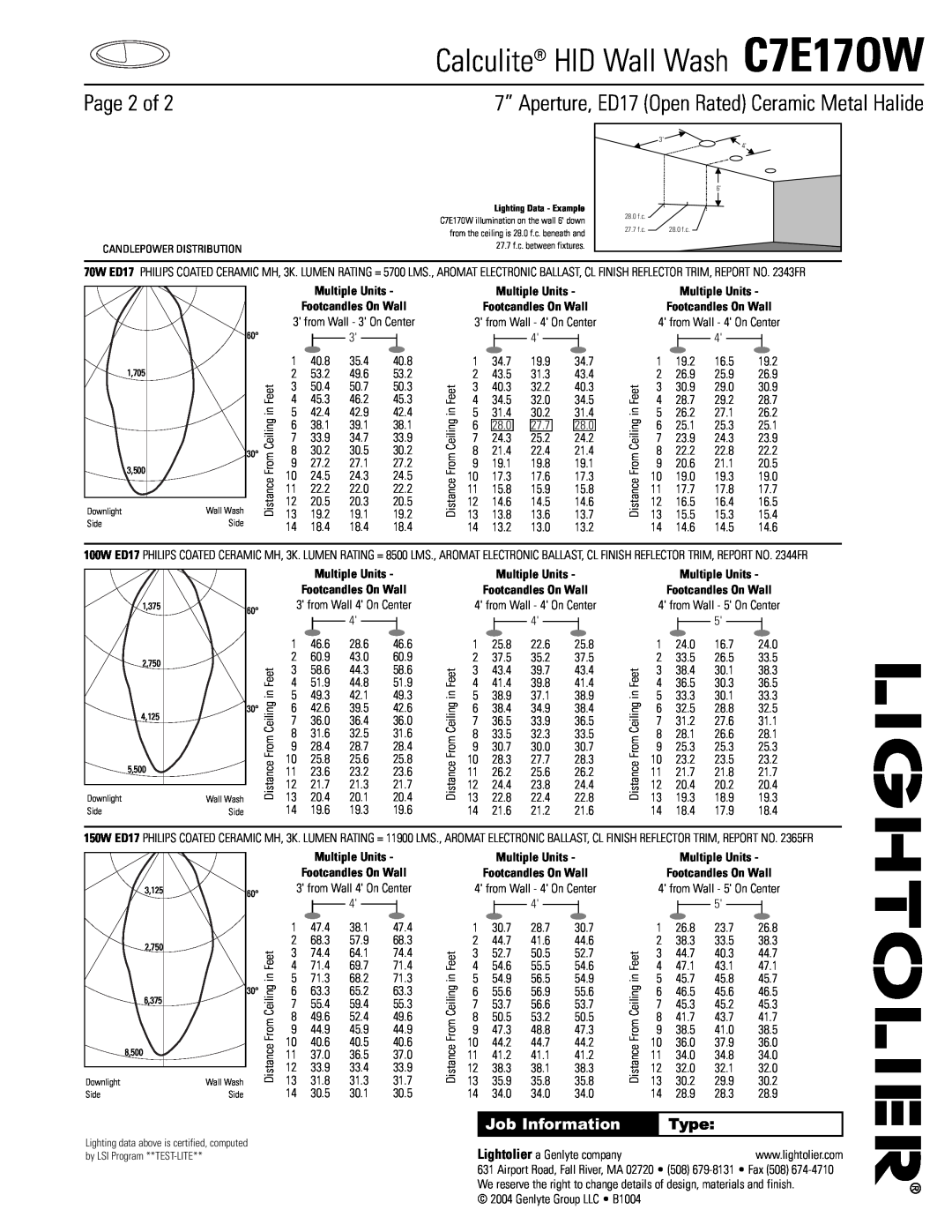 Lightolier manual Calculite HID Wall Wash C7E17OW, Page 2 of, 7” Aperture, ED17 Open Rated Ceramic Metal Halide, Type 