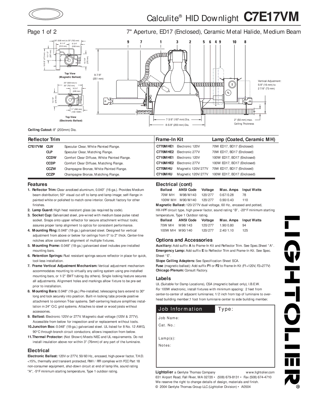 Lightolier C7E17VM specifications Frame-In Kit, Features, Electrical, Options and Accessories, Labels 