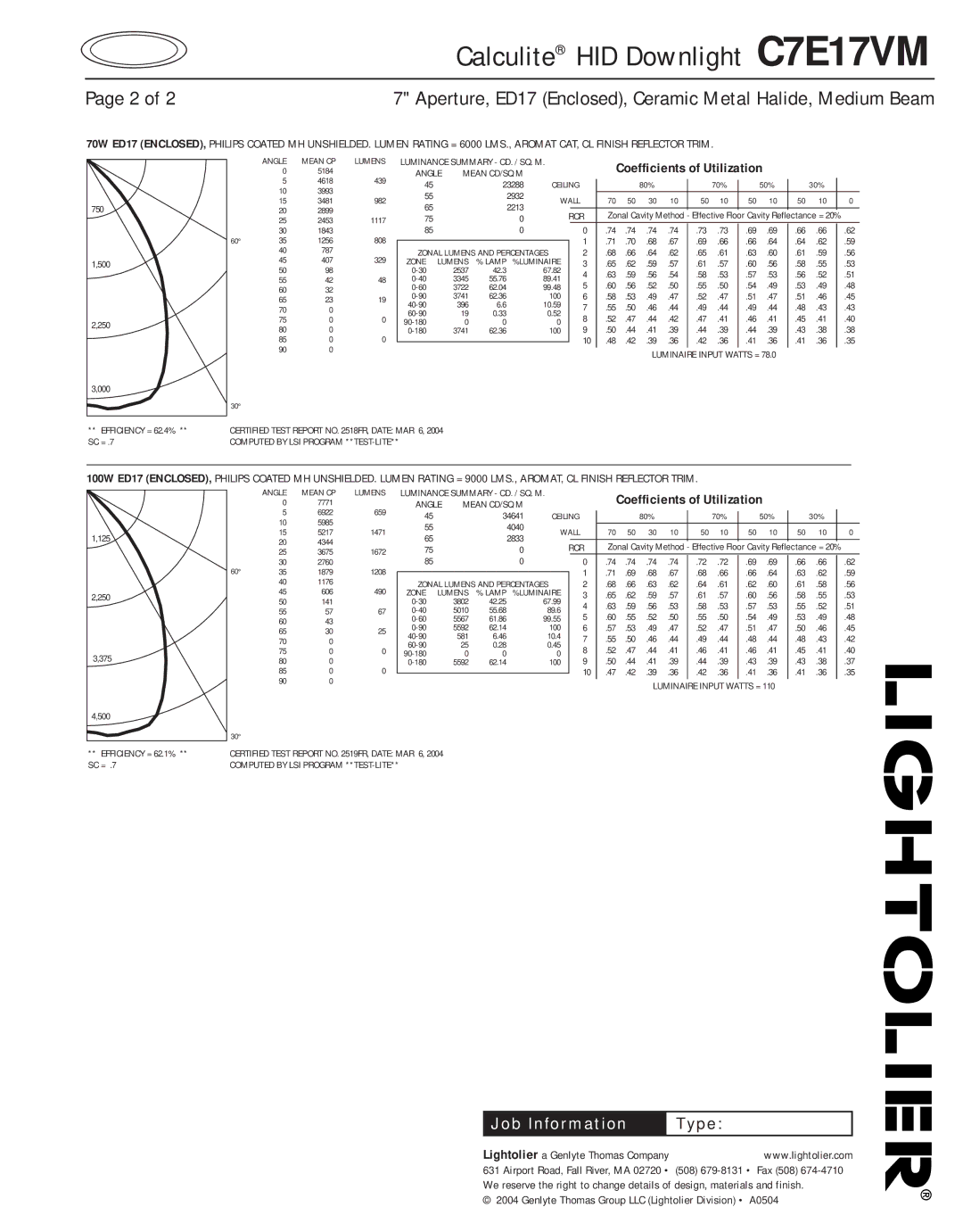 Lightolier specifications Calculite HID Downlight C7E17VM 