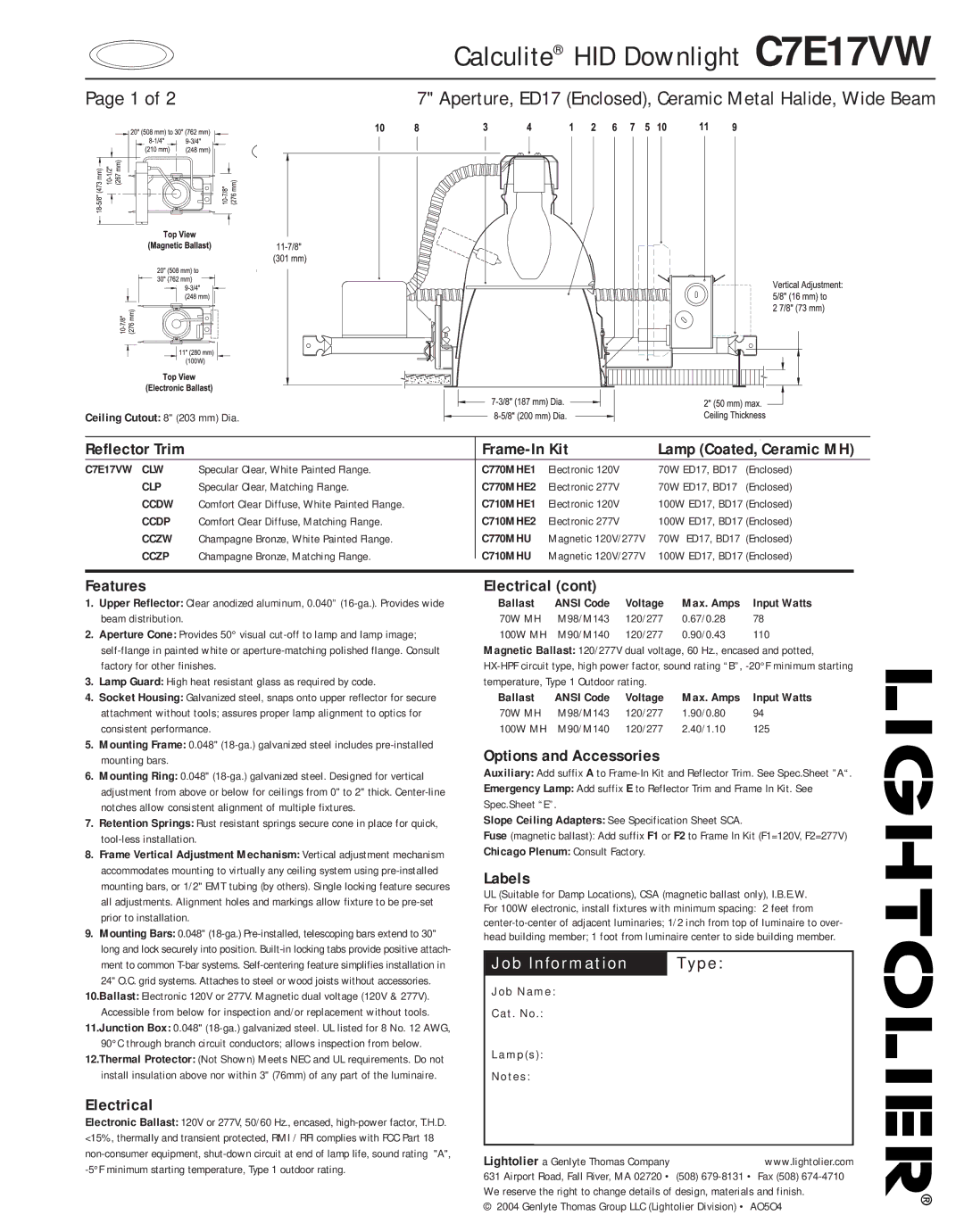 Lightolier C7E17VW specifications Frame-In Kit, Features, Electrical, Options and Accessories, Labels 