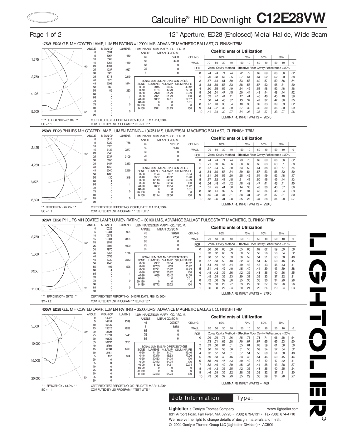 Lightolier C7P38MH specifications 1 of 212 Aperture, ED28 Enclosed Metal Halide, Wide Beam 