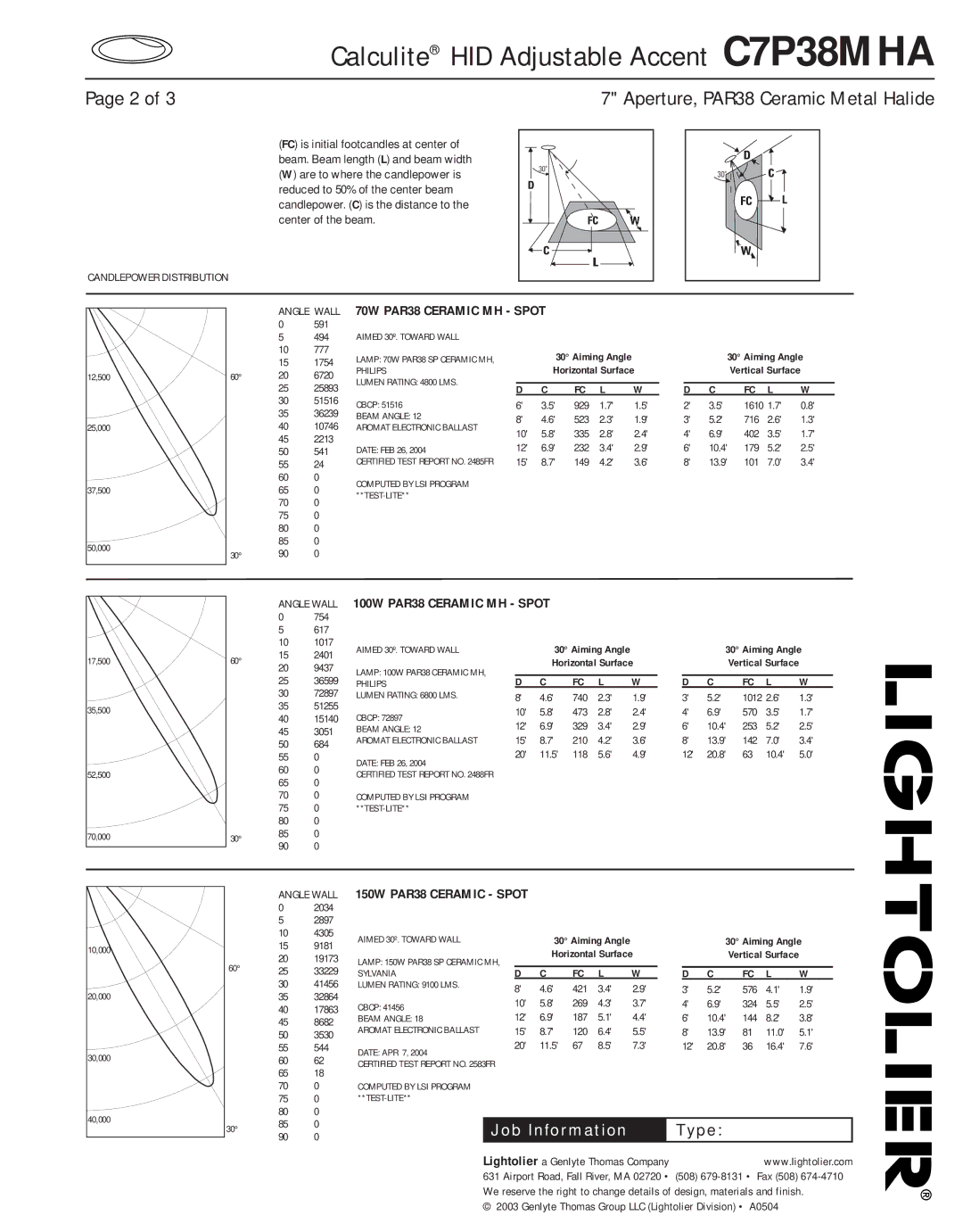 Lightolier C7P38MHA Angle Wall 70W PAR38 Ceramic MH Spot, Angle Wall 100W PAR38 Ceramic MH Spot, 150W PAR38 Ceramic Spot 