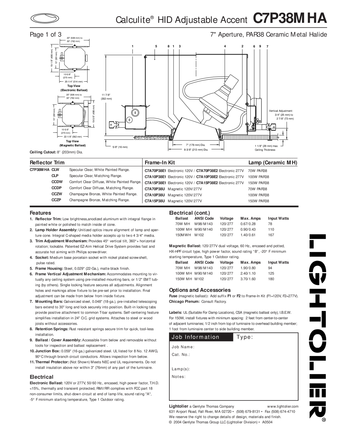 Lightolier manual Calculite HID Adjustable Accent C7P38MHA, Page 1 of, Aperture, PAR38 Ceramic Metal Halide, Type, Ccdw 