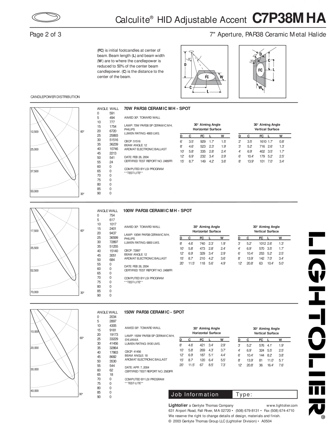 Lightolier C7P38MHA manual Page 2 of, ANGLE WALL 70W PAR38 CERAMIC MH - SPOT, ANGLE WALL 100W PAR38 CERAMIC MH - SPOT, Type 