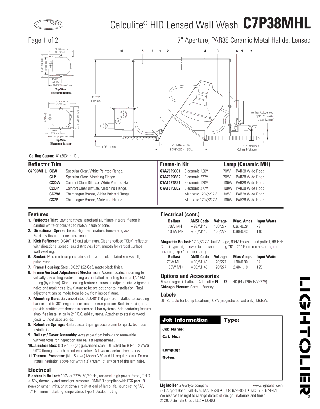 Lightolier manual Calculite HID Lensed Wall Wash C7P38MHL 