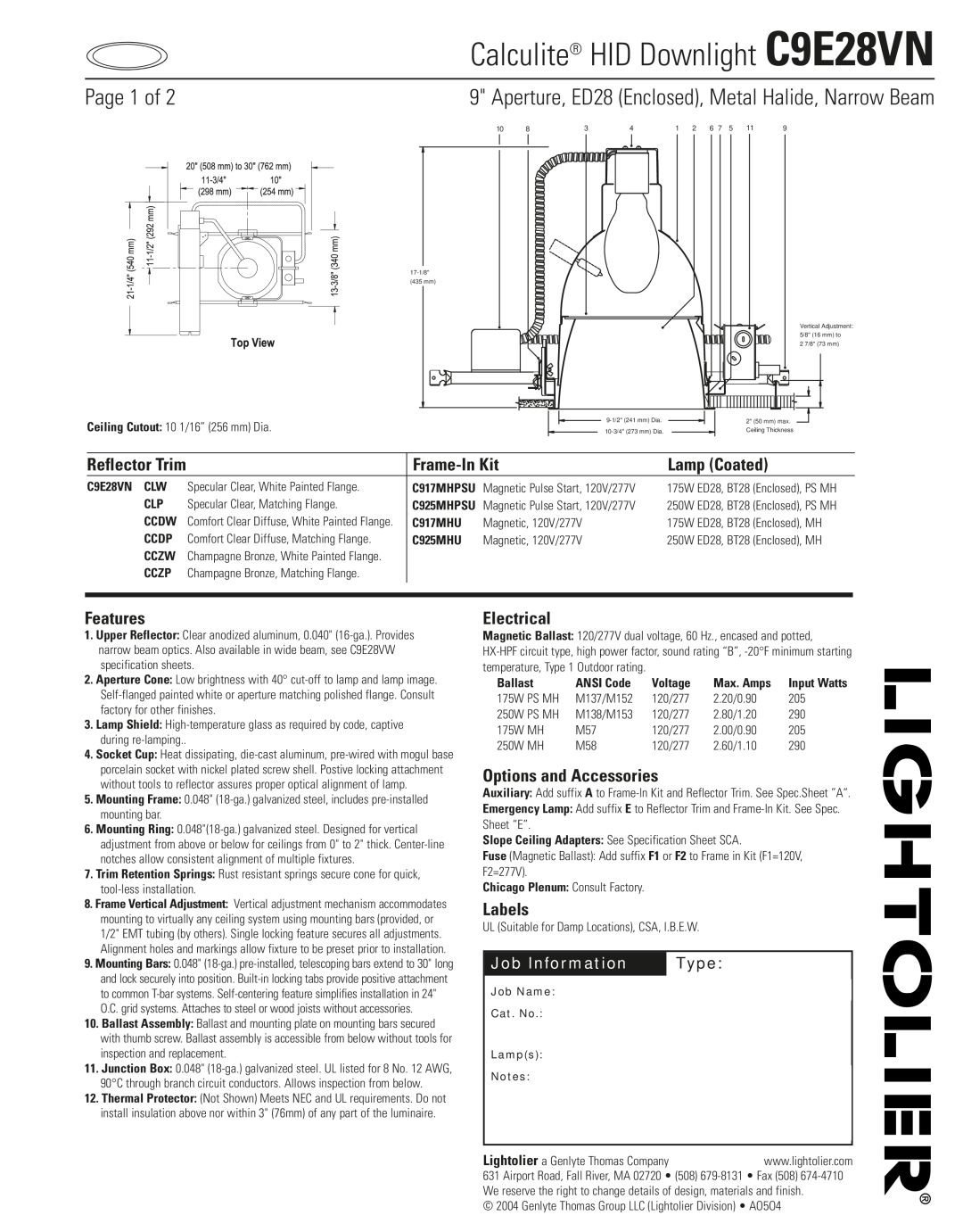 Lightolier specifications Job Information, Type, Calculite HID Downlight C9E28VN, Page 1 of, Frame-InKit, Lamp Coated 