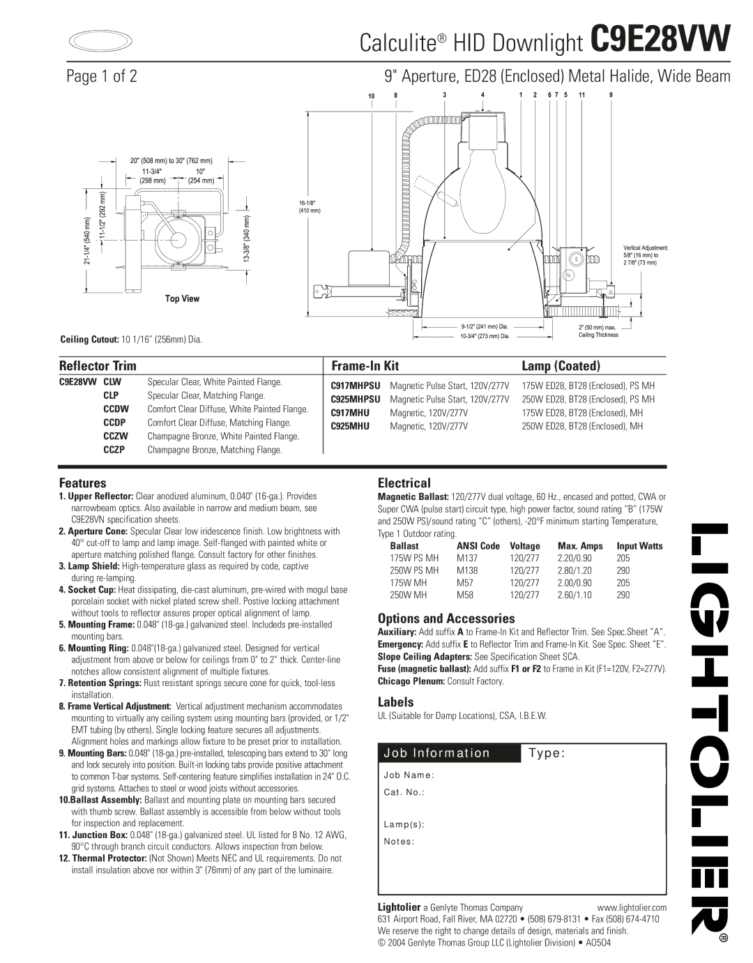 Lightolier C9E28VW specifications Frame-In Kit Lamp Coated, Features, Electrical, Options and Accessories, Labels 