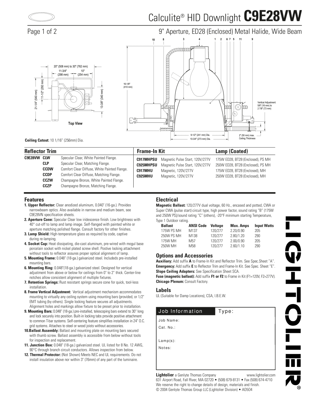 Lightolier specifications Calculite HID Downlight C9E28VW, Page 1 of, Aperture, ED28 Enclosed Metal Halide, Wide Beam 