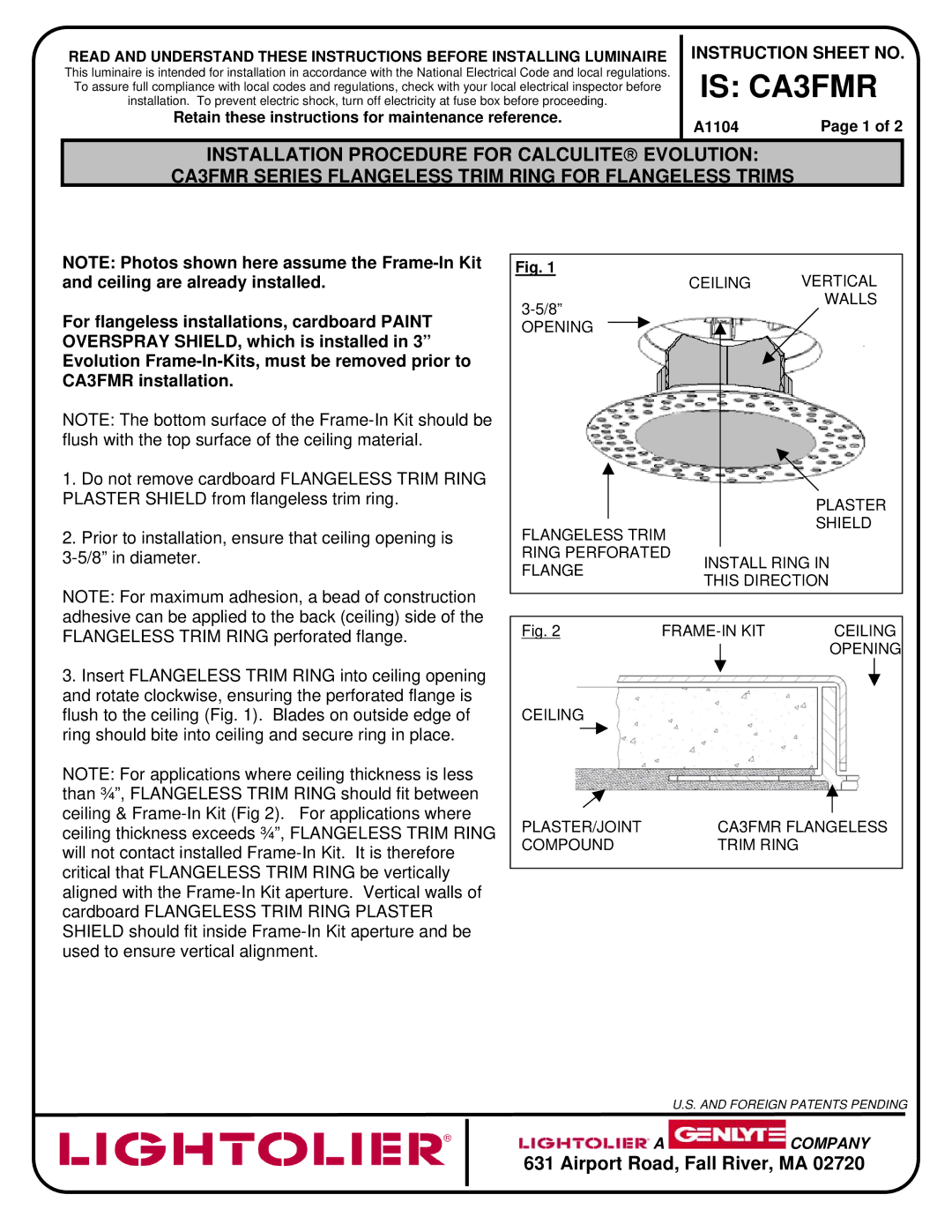 Lightolier instruction sheet Is CA3FMR, Airport Road, Fall River, MA 