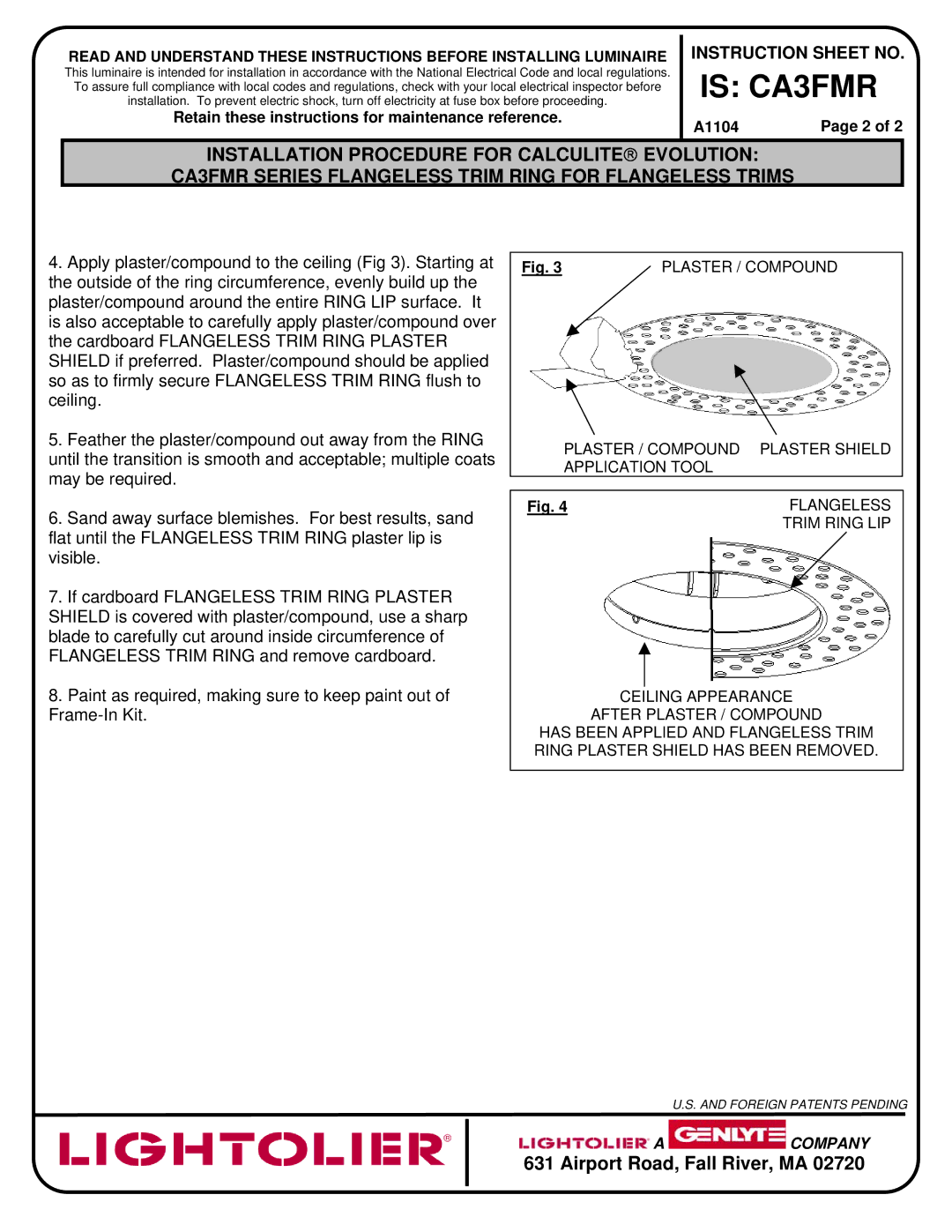 Lightolier CA3FMR instruction sheet Plaster / Compound 