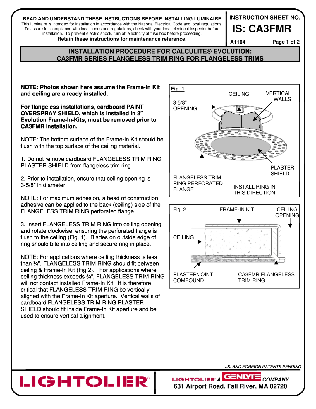 Lightolier instruction sheet IS CA3FMR, Installation Procedure For Calculite→ Evolution, Airport Road, Fall River, MA 
