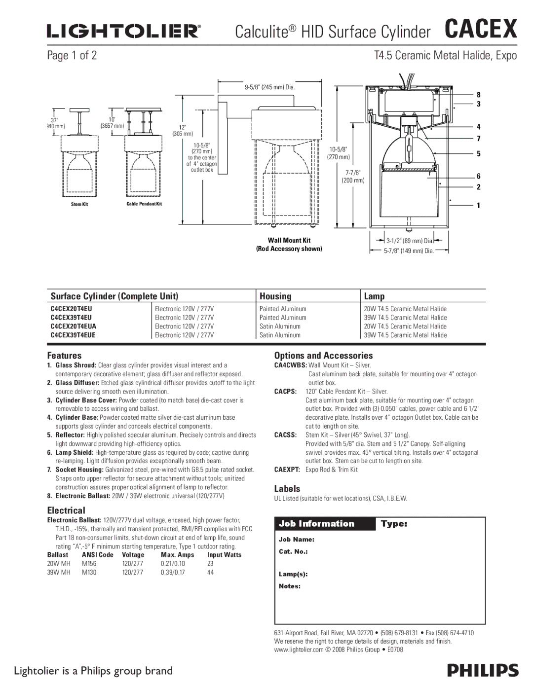 Lightolier CACEX manual Surface Cylinder Complete Unit Housing Lamp, Features, Options and Accessories, Labels, Electrical 