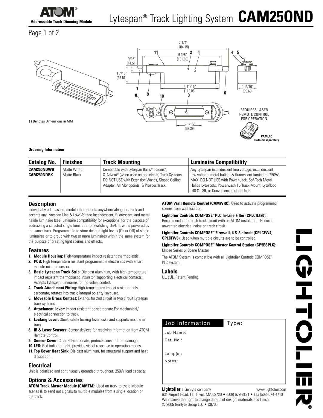 Lightolier CAM250ND dimensions Finishes Track Mounting Luminaire Compatibility, Description, Features, Electrical, Labels 