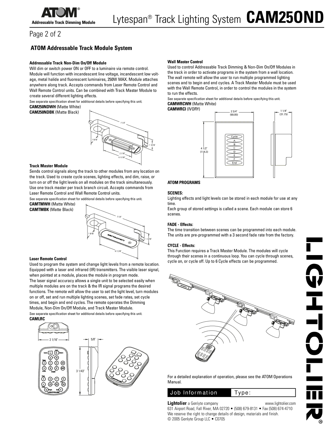 Lightolier CAM250ND dimensions Atom Addressable Track Module System, Camlrc, Atom Programs Scenes 