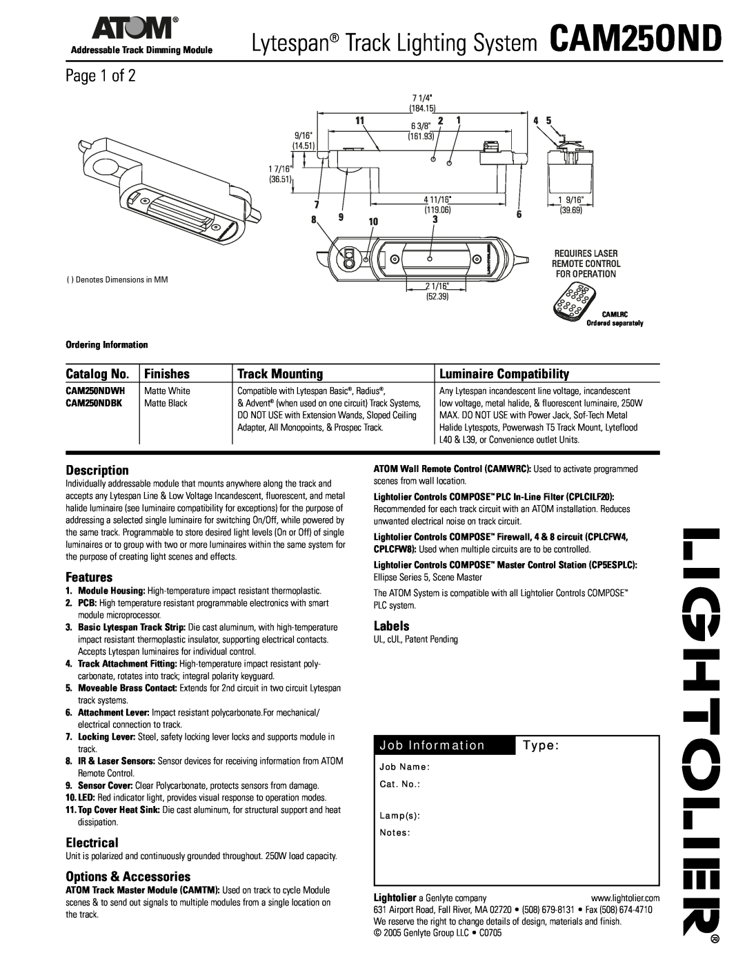 Lightolier CAM250ND dimensions Page 1 of, Finishes, Track Mounting, Luminaire Compatibility, Description, Features, Labels 